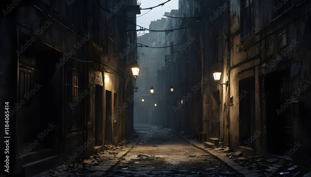 Fototapeta premium Dark, foggy alleyway at night with old buildings and streetlights.