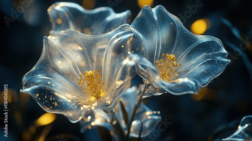 Glass Canterbury Bells flower, abstract floral glassmorphism wallpaper, translusent and luminous effect on dark background photo