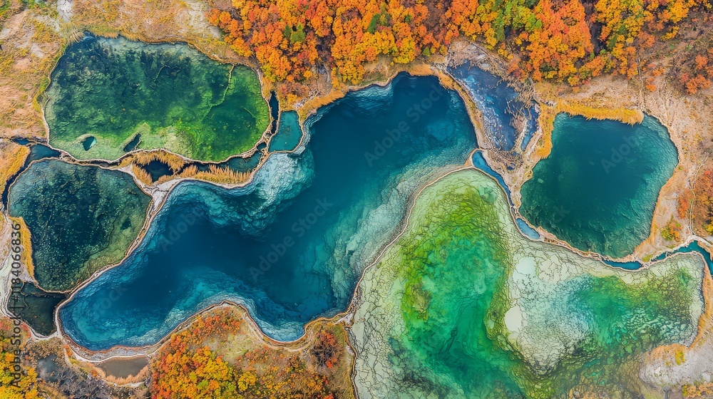 Fototapeta premium Aerial view of vibrant turquoise and green lakes surrounded by autumn foliage.