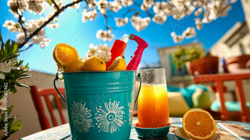 Brightly colored tools and cheerful flowers spill from a playful bucket, set against a backdrop of soft spring blooms and a vibrant blue sky. Nature awakens in full splendor. photo