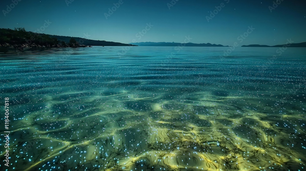 Obraz premium Bioluminescent plankton glowing in calm sea at night.