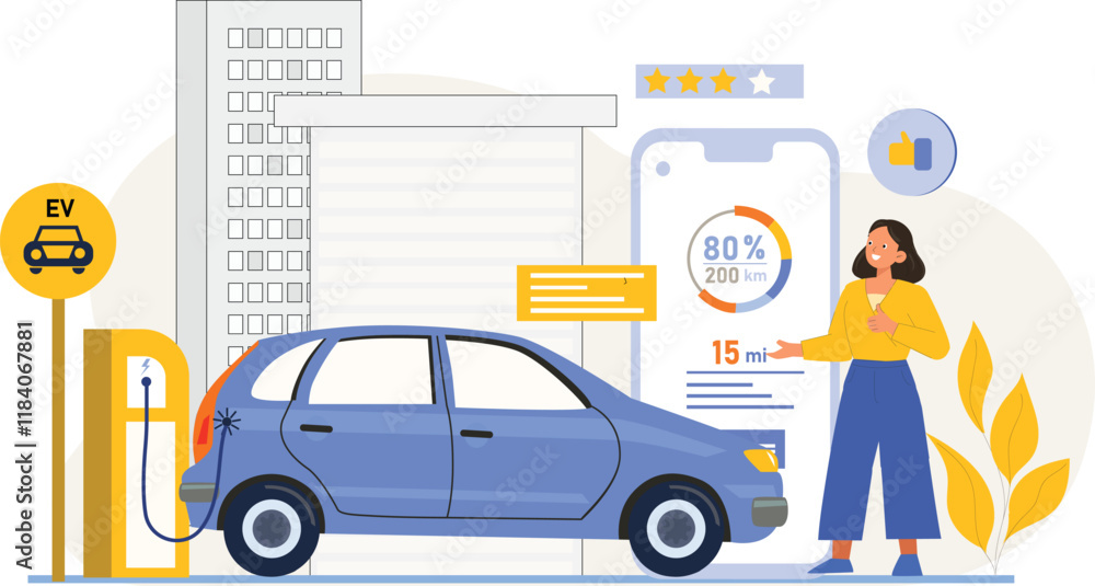 Naklejka premium Eco-friendly electric scooter charging depicted in an urban environment.