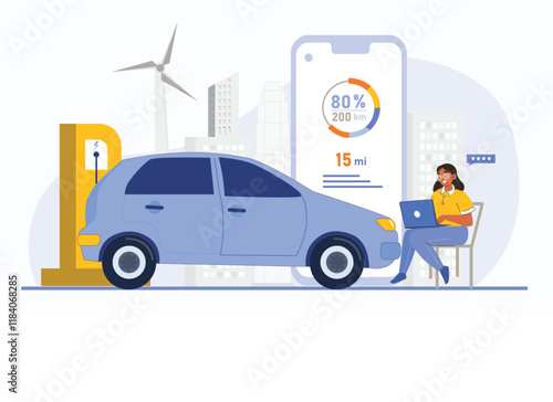 Electric vehicle charging illustration set against a vibrant modern cityscape.