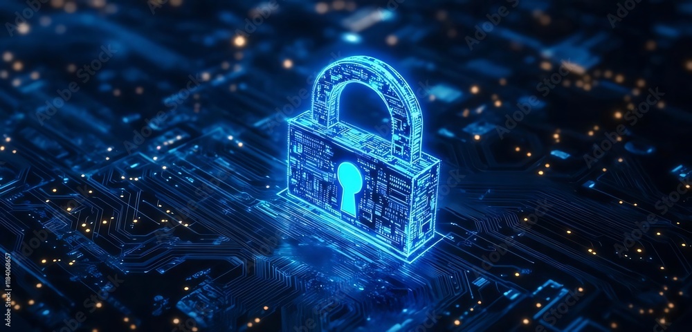 Digital lock glowing on circuit board; cybersecurity concept. Digital lock glowing on circuit board; cybersecurity concept.