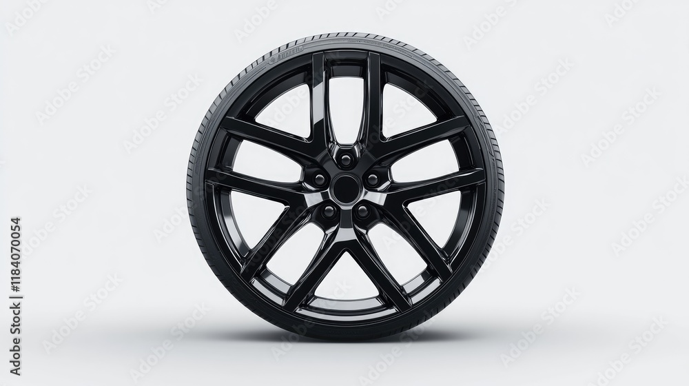 Obraz premium Shiny black alloy car wheel with a sharp spoke design, isolated on a light grey background.