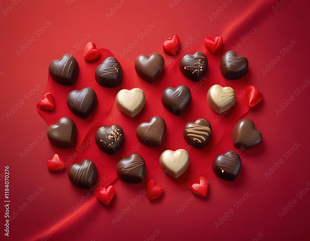 Heart-shaped Chocolate Assortment on a Red Silk Background Heart-shaped Chocolate Assortment on a Red Silk Background