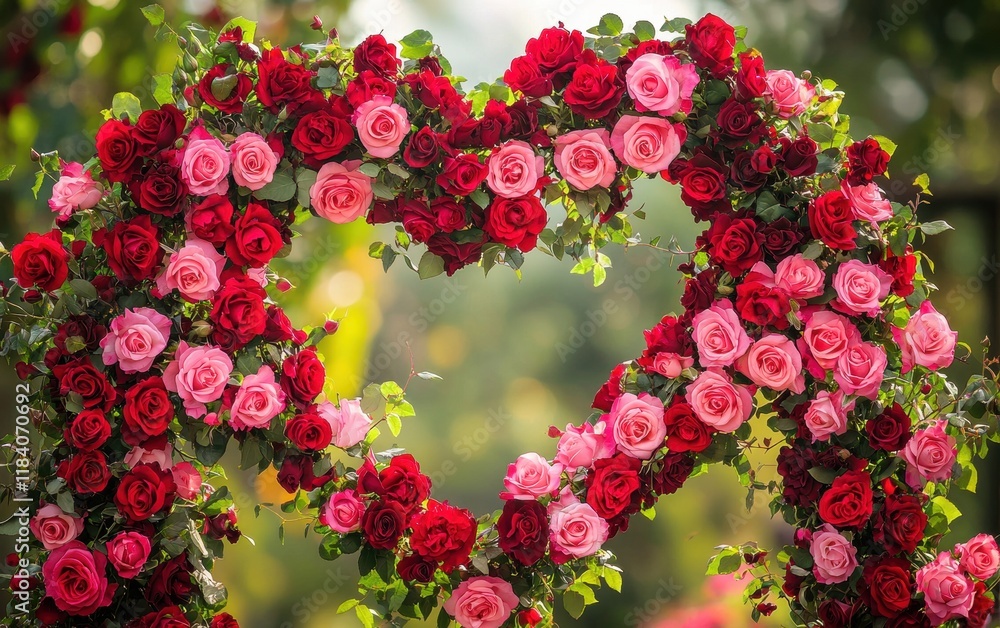 A heart-shaped floral archway made of red and pink roses, set in a romantic garden for Saint Valentines Day A heart-shaped floral archway made of red and pink roses, set in a romantic garden for Saint Valentines Day