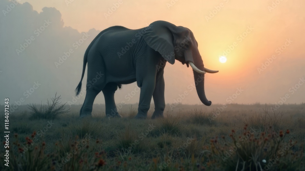 Fototapeta premium elephant in the sunset. Elephant emerges from fog, shot from bottom up, dawn