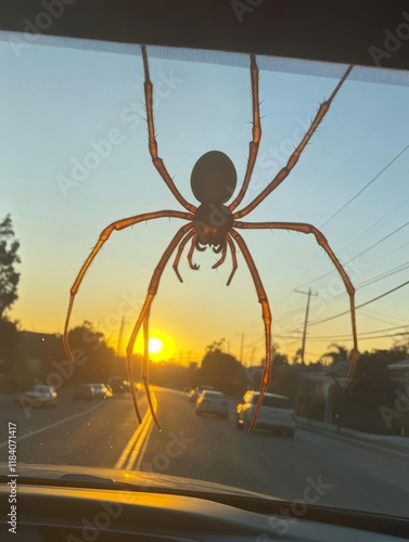 Sunset Spiderweb Silhouette - Spider, sunset, web, nature, beauty. Highlights a calm and beautiful moment in nature photo