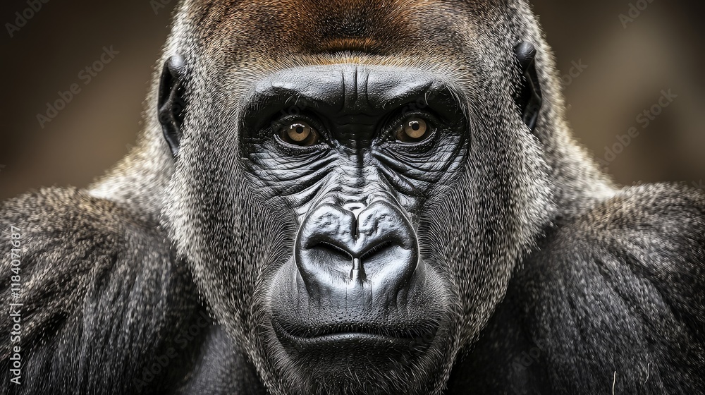 Obraz premium Close-up portrait of a powerful gorilla, intense gaze, dark fur, expressive eyes.