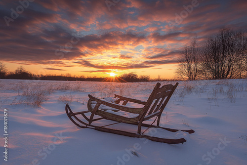 Elegant wooden rocking chair sits in snowy field at sunset, surrounded by tranquil winter landscape photo