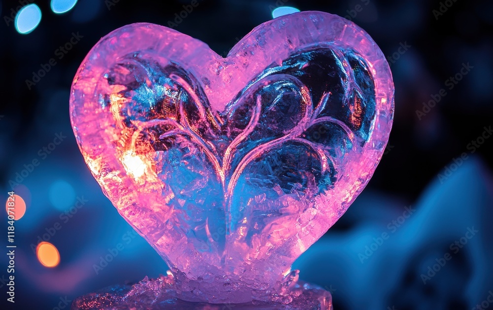 A heart-shaped ice sculpture glowing under soft pink and blue lighting for Saint Valentines Day A heart-shaped ice sculpture glowing under soft pink and blue lighting for Saint Valentines Day