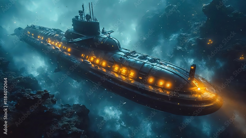 Deep ocean submarine, dark waters, exploring. Deep ocean submarine, dark waters, exploring.