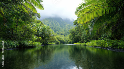 lush rainforest scene with tranquil river surrounded by greenery