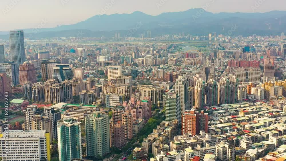TAIWAN, CHINA - JANUARY 7, 2025: Aerial view of Taipei showcasing urban landscape and bustling city life TAIWAN, CHINA - JANUARY 7, 2025: Aerial view of Taipei showcasing urban landscape and bustling city life