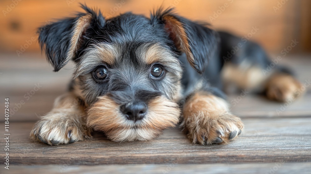 Adorable puppy resting on wooden deck, outdoors Adorable puppy resting on wooden deck, outdoors