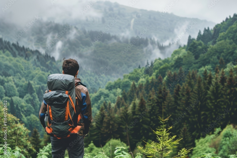 Exploring the lush mountains and forests with an Asian backpacker