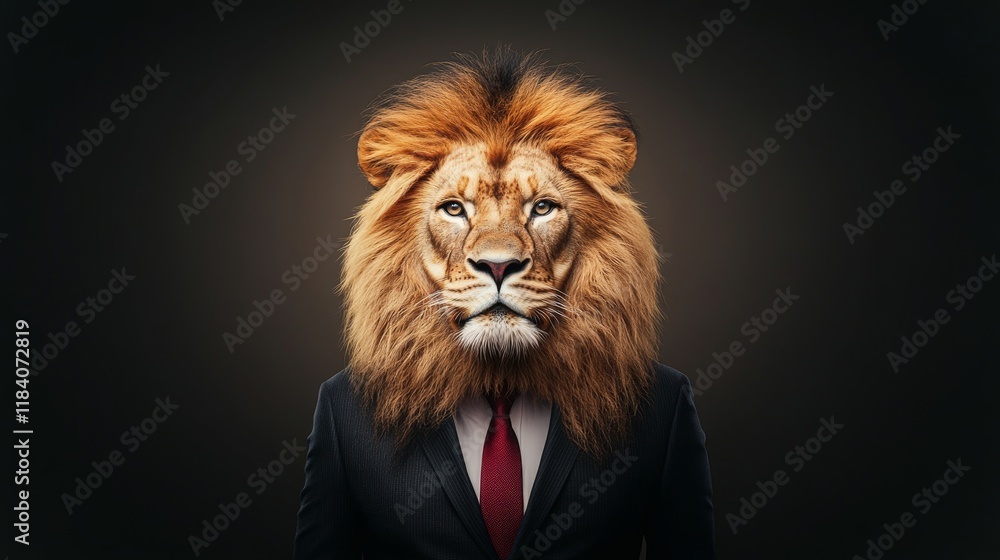 Bold lioness wearing tailored black suit exudes confidence with striking mane and fierce gaze Bold lioness wearing tailored black suit exudes confidence with striking mane and fierce gaze