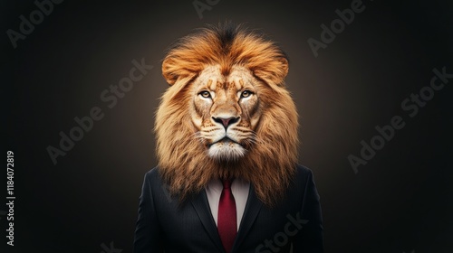 Fototapeta Naklejka Na Ścianę i Meble -  Bold lioness wearing tailored black suit exudes confidence with striking mane and fierce gaze
