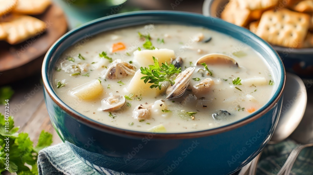 Creamy clam chowder in a teal bowl with crackers. Creamy clam chowder in a teal bowl with crackers.