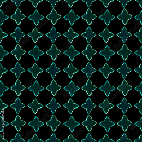 Marrakesh Pattern. Morrocan Majolica Design. Vintage Arabesque. Moorish Trellis. Arabic Seamless Background. Geometric Turkish Quatrefoil. Eastern Ogee Lattice. Damask Tile. Cyan Blue on Black photo