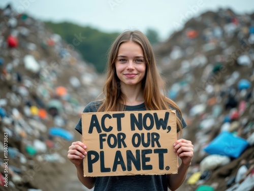 Young activist holds sign urging action for climate change in a trash-filled landscape photo