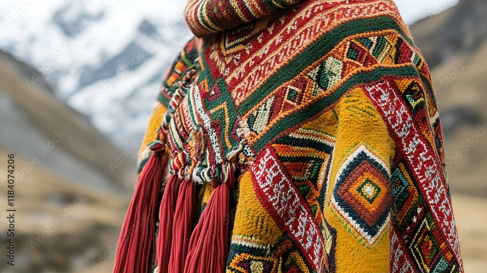 Naklejka premium Colorful woven poncho with tassels, Andean landscape background.