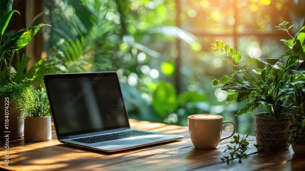 Laptop, coffee, plants, sunlit window, workspace Laptop, coffee, plants, sunlit window, workspace