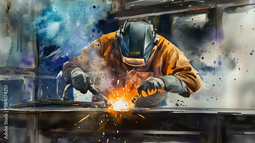 Man in safety suit welding metal construction on watercolor illustration