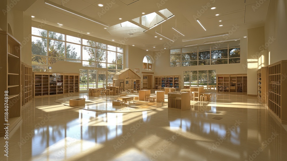 Sunny Preschool Library Interior, Bookshelves, Play Area, Large Windows, Learning Sunny Preschool Library Interior, Bookshelves, Play Area, Large Windows, Learning