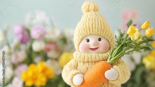 A cheerful Easter gnome, bundled in a knitted outfit, holds a carrot and spring flowers. photo