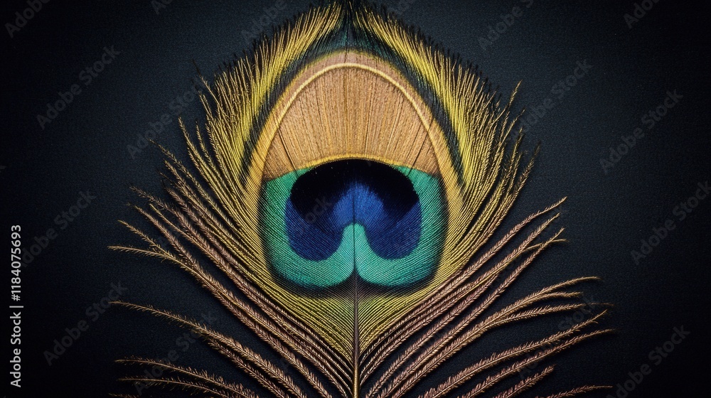 Obraz premium Colorful and Vibrant Close-Up of a Peacock Feather with Intricate Patterns and Rich Hues of Blue and Gold