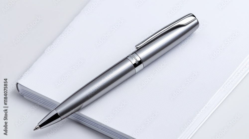Elegant Silver Pen on Clean White Notebook Page for Writing Tasks Elegant Silver Pen on Clean White Notebook Page for Writing Tasks