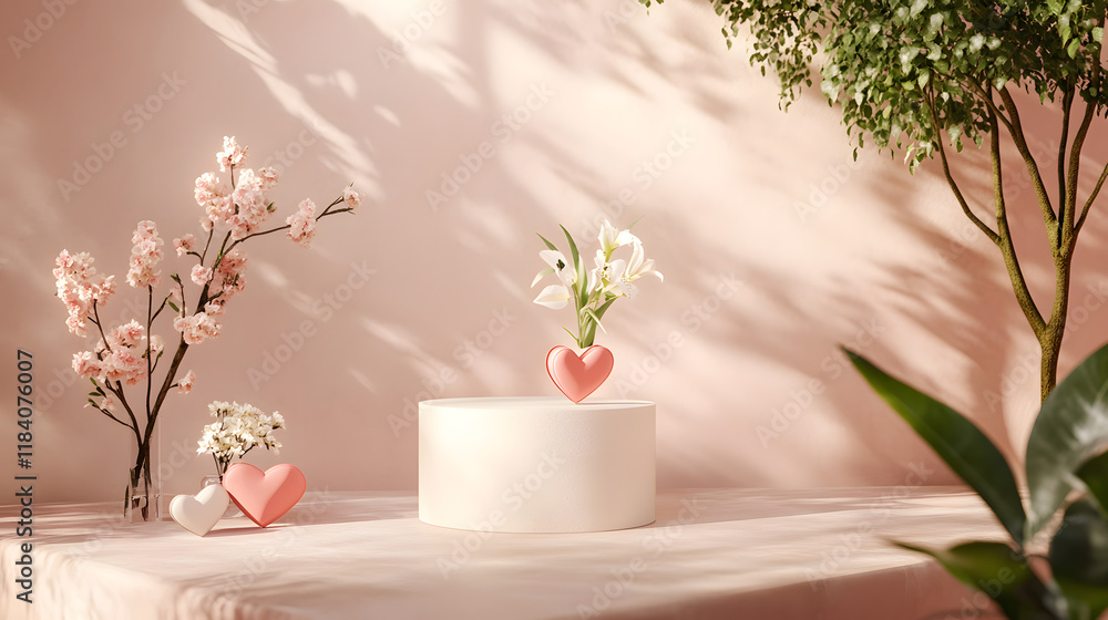 Display Podium for Mother's Day and Valentine's Day with Heart and Flower on Minimal Pink Background. Display Podium for Mother's Day and Valentine's Day with Heart and Flower on Minimal Pink Background.