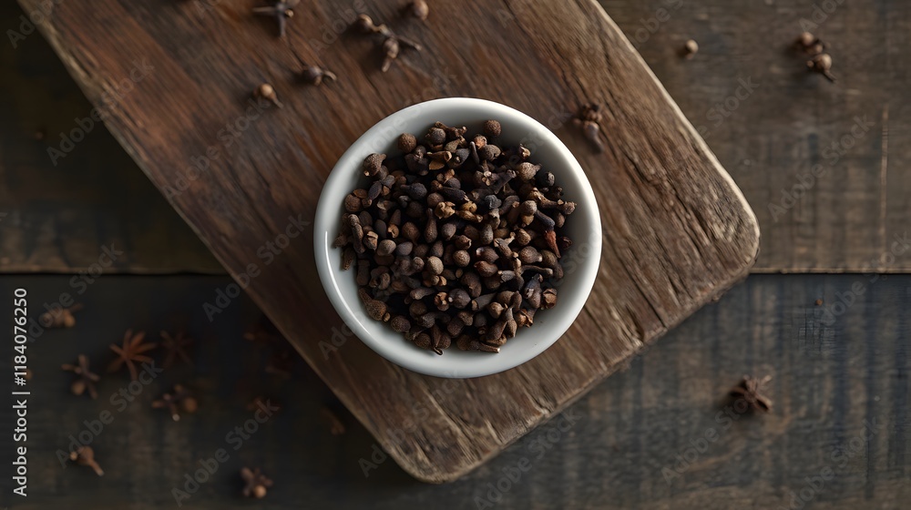 White ceramic bowl filled with cloves on rustic wooden board. White ceramic bowl filled with cloves on rustic wooden board.