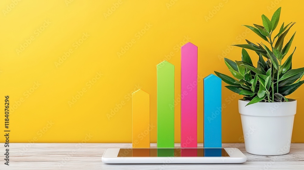 Colorful Bar Graphs on Tablet with Green Plant Against Yellow Background Colorful Bar Graphs on Tablet with Green Plant Against Yellow Background