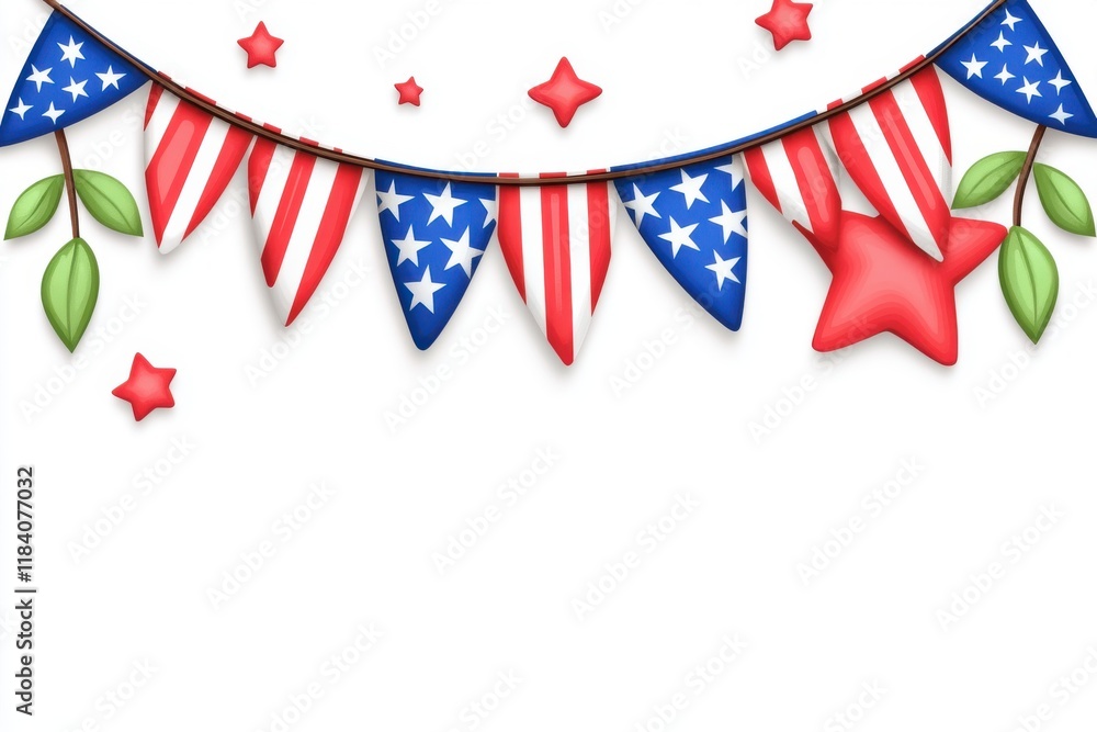 Obraz premium Festive Red and Blue Bunting with Stars and Leaves for Celebration
