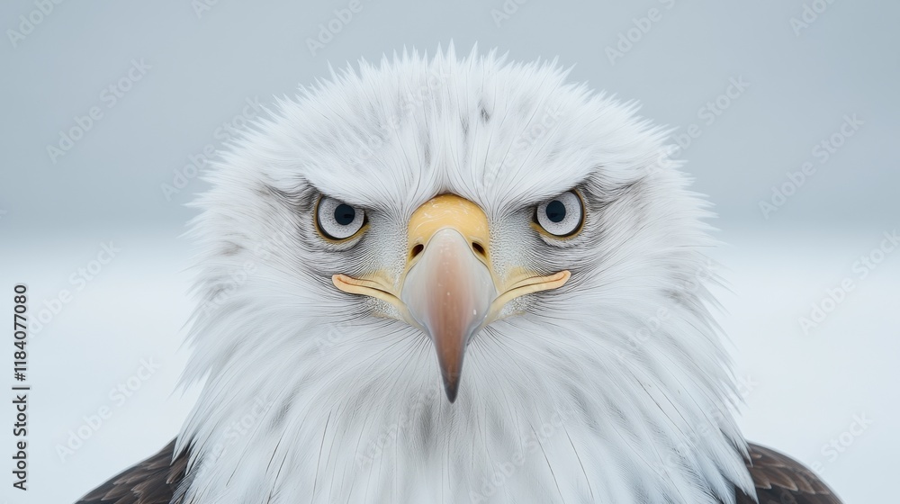 Obraz premium Majestic Bald Eagle Portrait with Intense Eyes and Intricate Feather Details on a Soft Gray Background