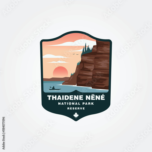 vector of It depicts Thaidene Nëné National Park Reserve scenic kayaking sunset logo illustration design