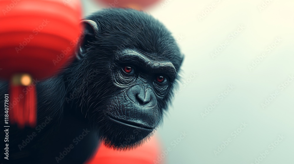 A close-up of a monkey with striking red eyes, partially obscured by blurred red lanterns in the foreground. The background is a muted, light color. A close-up of a monkey with striking red eyes, partially obscured by blurred red lanterns in the foreground. The background is a muted, light color.