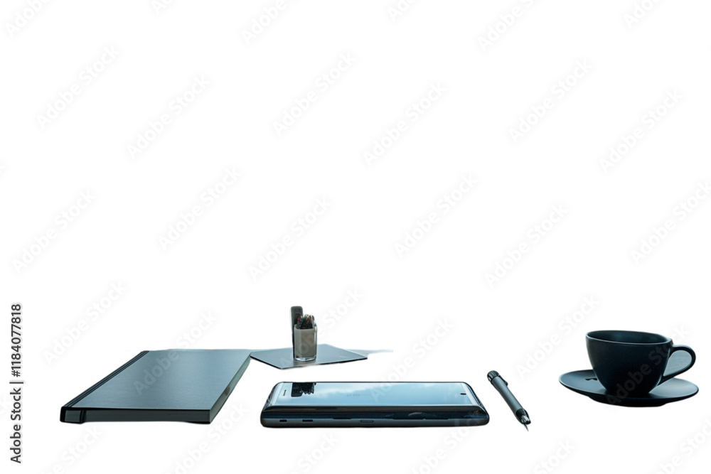 A Flat Lay of a Smartphone, Notebook, Pen, and Business Items Isolated on a Transparent Background A Flat Lay of a Smartphone, Notebook, Pen, and Business Items Isolated on a Transparent Background