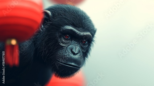 Wallpaper Mural A close-up of a monkey with striking red eyes, partially obscured by blurred red lanterns in the foreground. The background is a muted, light color. Torontodigital.ca