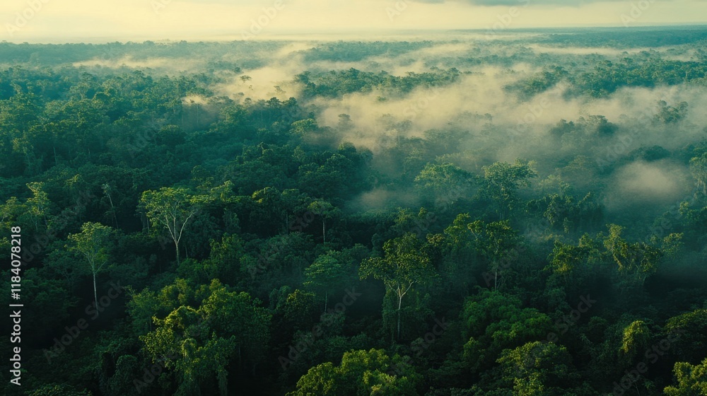 Obraz premium Bird's-eye view reveals a dense forest enveloped in mist and soft light, capturing the enchanting beauty of nature in a tranquil atmosphere