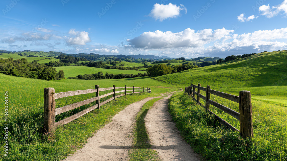 serene countryside path surrounded by lush green fields and hills serene countryside path surrounded by lush green fields and hills