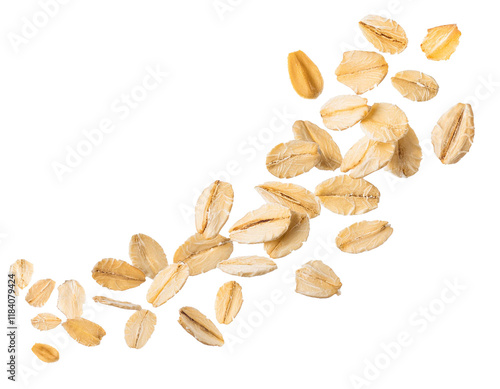 Falling oat flakes isolated on white background, cutout  photo