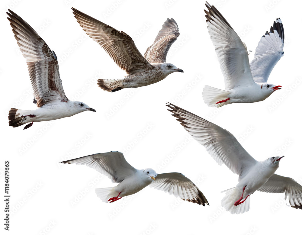 Obraz premium Flying seagull set isolated on white background, cut out 
