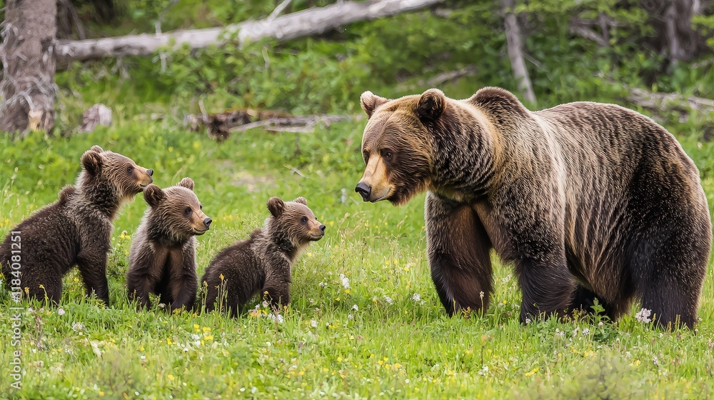 Grizzly bear mother and three cubs in a lush green meadow. Grizzly bear mother and three cubs in a lush green meadow.