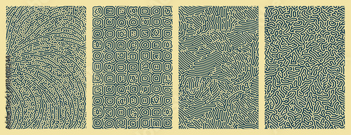 Pack of abstract dark blue organic line turing patterns backgrounds