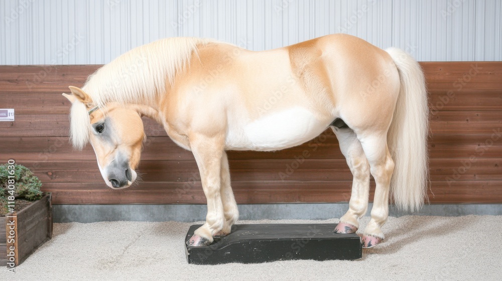 Stunning Light Blonde Horse Standing Elegantly on a Platform with Soft Indoor Background in a Stable Setting Stunning Light Blonde Horse Standing Elegantly on a Platform with Soft Indoor Background in a Stable Setting