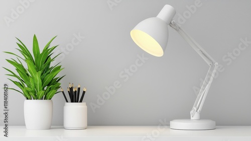 Wallpaper Mural Stylish Workspace with Modern White Desk Lamp and Green Plant Torontodigital.ca